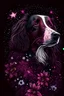 Placeholder: girl, dog, out her mind, beautiful colorfully flowers and star pattern on fur front facing dark smooth colors high contrast background darkred tones,