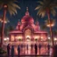 Placeholder: Hyper Realistic areal view of people outside beautiful maroon decorated mosque with garland lights & sky lanterns at rainy night with palm trees, grass patches & water fountains