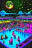 Placeholder: techno rave party in 80's with swimming pool on the moon full