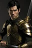 Placeholder: A handsome 30 year old man, black hair, male bob haircut, in black-and-gold plate armor, golden katana in both hands, no beard, european