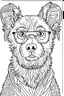 Placeholder: a beautiful dog with glasses. centered flat minimalistic black and white high contrast line drawing, coloring book style, {prompt}, (white sky, white clouds, white hair, white objects, white clothing, white fur, white skin, white terrain, white scales, white everything:1.1), blank white background