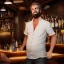 Placeholder: large broad shoulder man wearing a white shirt, big belly, messy blonde hair, standing in a bar, illumination, brilliant coloring, smooth, sharp focus, crispy quality, vray; Artstation; HD, HDR, SF, CGSociety, 16k, photorealistic, unreal engine