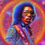 Placeholder: a realistic picture of Jimi Hendrix with dreadlocks, at a turntable with headphones on being a DJ, vivid color, with sunglasses, psychedelic trippy art, with UFOs in the background