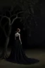 Placeholder: Wednesday in a low-cut black gown standing under a black tree, photorealistic, delicate detail.