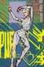 Placeholder: teen woman in retro-futurist cyberpunk costuming with pants and sheathed swords leaning to the side with shoulder against a brick pillar, background is brick with graffiti of a large arrow pointing to the right and text of the word "PUB" on lower left