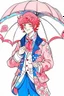 Placeholder: kind sailor, man, red slightly curly hair, long jacket, pink-azure clothes, pink-azure cocked hat, white floral pattern on the jacket, flower in the hair. Pink and blue umbrella.
