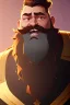 Placeholder: Bearded strong man wearing a thick fur-lined merchant's coat, wearing gold rings, divine, halo, happy smiling, portrait, high definition, realistic, long hair, dynamic lighting, volumetric lighting, mustache