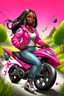 Placeholder: Create a digital airbrush cartoon of a curvy African American female wearing tight white jeans and a off the shoulder hot pink blouse. She is also wearing timberland boots. Prominent make up with hazel eyes. Highly detailed very long extremely braids of black hair. Her skin is smooth and silky. Background of a track of ATV riders.