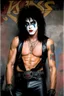 Placeholder: text 'KISS' - head and shoulders portrait, KISS - Tall and muscular 20-year-old Paul Stanley, Black star on right eye, Chest and stomach hair, rose tattoo on right shoulder, black spandex and leather, 8-inch high platform boots, - a multicolored cement wall in the background,