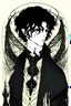 Placeholder: black haired young man necromancer wizard with gothic jewelry and tentacle fingers in the style of Harry Clarke