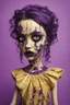 Placeholder: full color, illustration of a darkpurple and gold tones, menacing, Singer Melanie Martinez face, as a decayed, broken, crude homemade cloth doll toy, with a narrow cracked porcelain face, thick dark eyebrows, hair in two gradually, made from ragged strips of cloth, in the style of Alex Pardee, Tim Burton, and Nadya Sheremet