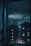 Placeholder: Dystopian Future, Apartment Building, Small Living Room, Window, Fully Closed Window Blinds, Looking Outside, Dense Skyline, Mega City, Midnight, Raining, Dense Clouds, Raining, Rain Hitting Window,