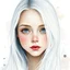 Placeholder: A young woman with long white hair, silver eyes, long eyelashes, very pale complexion, very shy, watercolor splotchy background, soft brushstrokes