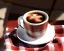 Placeholder: Cappuccino art microfoam in checkerboard mug saucer Crawford plaid napkin Demitasse