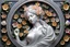 Placeholder: 3d wall-statue A silver-haired statuesque woman with pastel flowers blooming around her head like a halo. She to be carved from a block of veined marble, showcasing an intricate and flawless design. Her enchanting delicate flowers, plants decorations surrounding her make this piece a perfect representation of artistry , mystic fantasy and elegance, hyperdetailed, masterpiece