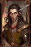 Placeholder: full length, mantle, black cloth, dark green eyes, sitting on a wooden chair with a backrest, holding a long spear with his left hand, human skin,