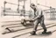 Placeholder: a man from sweden, very strong pushing a wooden along the floor in a factory, very basic sketch painting like the image i uploaded