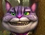 Placeholder: cheshire cat in a tree, leaning on a branch, wide grin, glowing eyes, pink and purple, alice in wonderland, signpost pointing in different directions