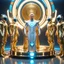 Placeholder: (masterpiece, best quality, 8k, RAW photo, beautiful and aesthetic:1.2), complex detail, Indirect light, photorealistic, (((full body))), Meeting of a group of caudcasian and asian cosmic male gods smiling, Mixed, sci-fi and cyborg outfit Tron like with golden futuristic artifacts, white, blue and silver elements- Inside a great room of a flying saucer with a round hublot showing a galactic sunset