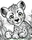 Placeholder: create a 2d black outline, "safari smiling cartoon baby gepard coloring book for toddlers", coloring page, low details design, black contour, coloring page design, simple background, colorful , card style, coloring page for kids, white background, sketch style, safari landscape, cartoon style