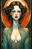 Placeholder: create a highly ethereal, darkly magical surrealist full body illustration of a vampire girl, with highly detailed and deeply cut facial features, in the style of GUSTAV KLIMT, EDWARD BURNE-JONES, WILLIAM MORRIS, and KATHE KOLLWITZ combined with the comic art style of BILL SIENKIEWICZ and JEAN GIRAUD MOEBIUS, searing lines and forceful strokes, precisely drawn, inked, and darkly colored