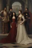 Placeholder: Oil painting Knights and princess wearing a dark red dress and long black hair