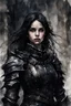 Placeholder: a young black-haired girl in medieval black armor on the castle grounds, dark tones, watercolor, dark fantasy, bad weather, gloomy day, dark world, sketch art, fine lines, grunge, sensual, darkness, by Raymond Swanland & Alyssa Monks & Anna Razumovskaya