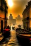 Placeholder: Qaitbay Citadel in Alexandria, fishermen’s boats anchored around it, fishermen putting fishing nets on their boats, fog covering the place, the moment the sun rises