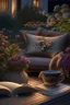 Placeholder: Night, twilight, a light brown wicker sofa with floral cushions, a glass-topped table in front of it, coffee steaming in a porcelain cup, and a down-turned open book next to it. Above the settee, flower bushes in planters, all on the terrace of a luxury house S<AI Nikon D850 highly detailed digital painting sharp focus elegant intricate photorealistic 4k very attractive beautiful dynamic lighting award winning fantastic view crisp quality Unreal Engine very cute cinematic postprocessing acrylic