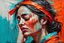 Placeholder: a painting of a woman with her eyes closed and having a headache, epic vibrant, wlop : :, raggae art, detailed heavy impasto, dazzling colors of orange and red and black, cyan ribbon glitches