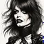 Placeholder: create a wild caricature of Chrissie Hynde as a savage, sullen, gothpunk vampire girl with highly detailed and refined facial features and hair, clothed in an ornate Gothic rags and fishnet stockings, in the caricature cartoon style of Gerald Scarfe and Ralph Steadman, precisely drawn, boldly inked, vividly colored, 4k