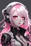 Placeholder: girl, white hair, pink streaks, pink eyes, pink spiked choker, emo hair, robot, anime, cute, genshin themed