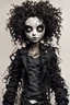 Placeholder: full color, illustration of a dark, menacing, curly haired, black clad motorcycle girl, tall and willowy , as a decayed, broken, crude homemade cloth doll toy, with a cracked porcelain face, thick dark eyebrows, hair made from ragged strips of cloth, in the style of Alex Pardee, Tim Burton, and Nadya Sheremet