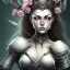 Placeholder: lady warrior with white top and black eyes and flower