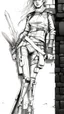 Placeholder: teen woman in retro-futurist cyberpunk costuming with pants and sheathed swords leaning to the side with shoulder against a brick pillar, add a background of brick with graffiti of a large arrow pointing to the right and text of the word "PUB" on lower left