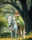 Placeholder: Beautiful princess Elf adorned she on riding white unicorn horse,beautiful forest giant trees oaks background