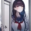 Placeholder: Clear focus, High resolution, rough line sketch, black long hair chopped bangs, purple eyes, wearing a sailor uniform with a red bow, opening door, suprised look on face