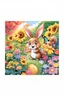 Placeholder: The cute bunny excitedly looks at a bright yellow sunflower in the colorful garden, the beautiful butterfly and friendly brown squirrel are smiling, child book illustration style, faces must be the same as reference image