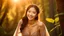 Placeholder: A gorgeous smiling Asian model in a fairy outfit in a magic forest with 1000 y/o trees, a small torrent, sun rays through the branches, particles in the air at dawn