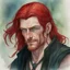 Placeholder: dnd, fantasy, watercolour, large strokes, stylistic, portrait, illustration, dull colours, male, face, narrow long face, weathered face, green eyes, determined, smiling, red hair, very long hair streaming down the shoulders, lush hair, radiating light, five o'clock shadow