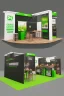 Placeholder: Corner green exhibition stand of a food company with product displays and a meeting area