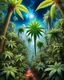 Placeholder: Forest of giant cannabis plants in a tropical setting, beautiful fantasy landscape, realistic and natural, cosmic sky, detailed full-color, nature, hd photography, fantasy by john stephens, galen rowell, david muench, james mccarthy, hirō isono, realistic surrealism, elements by nasa, magical, detailed, alien plants, gloss, hyperrealism