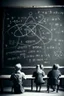 Placeholder: adult human sized subatomic particles, writing equations on a chalkboard, while educating human children sitting at desks