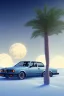 Placeholder: 1980's aesthetic vaporwave palm trees with lighting with moon with bmw in the winter snow