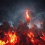 Placeholder: Cerberus, character-design, fire pouring from each mouth, full body, fiery dark skies in the underworld with Hades in the background, 8k, highly detailed, hyperreal, octane render, hdr, dark, sparkling lights, mysterious, surrealism, campbell white, 8K