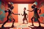 Placeholder: two arafed persons arguing in ritual combat stance, afrofuturism, arafed angularity, aztec vibe, patchwork vibe, side view, aztec room with extreme body action, sharp color contrasts, amazing shadows, exaggerated limbs and heads, minimal cozy, warm palette, bright bold warm summer colors, ritual scene, futuristic tribal style, Aztec influence, sculptural helmets, spiked headdress, geometric borders, patterned red rug over dark wooden floor, tribal ceramic vases with potted plants