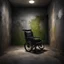 Placeholder: Hyper Realistic wheelchair in between of a dark hallway with grass patches & peeling vintage wall paint at night