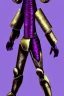 Placeholder: One Genderless Cyborg made of old rusted metal, has a human like face with a really long violet ponytail, they wear armor that is similar to Megaman. The color palatte of the armour is deep purple and yellow. They have Turquoise colured eyes. The Background is dark grey.