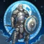 Placeholder: Please create an image for a 30-year old aasimar male with silver hair and a short, square beard and blue eyes. He is standing outside in the moonlight wearing plate armor and wielding a shield and a large hammer. His equipment is adorned in multiple places with crescent moons and stars