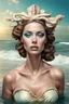 Placeholder: a striking digital image of woman on a shore, Botox lips, too much makeup, fake beauty , ultra realistic and detailed, they look at jealously at the central figure which is the birth of Venus image